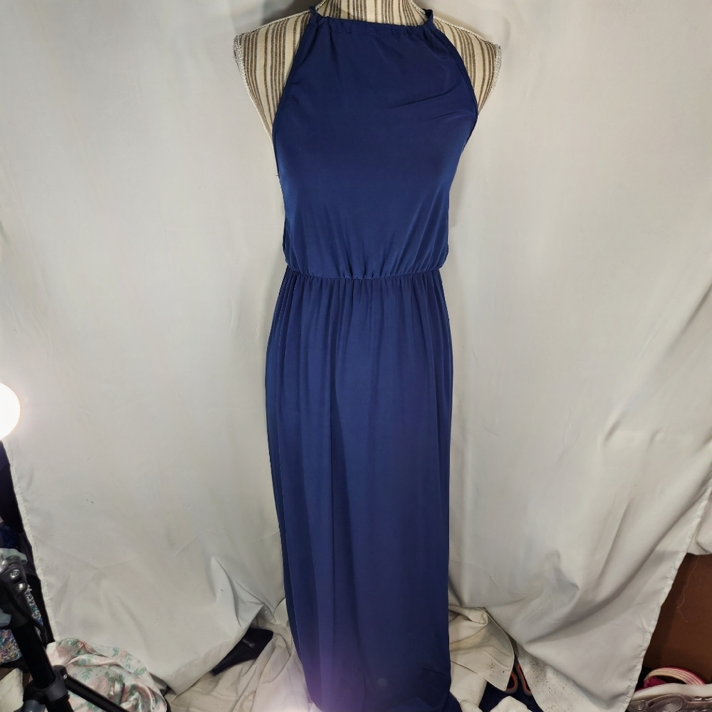Designer Blue Knotted Spaghetti Straps Criss Cross Back Dress Size Small